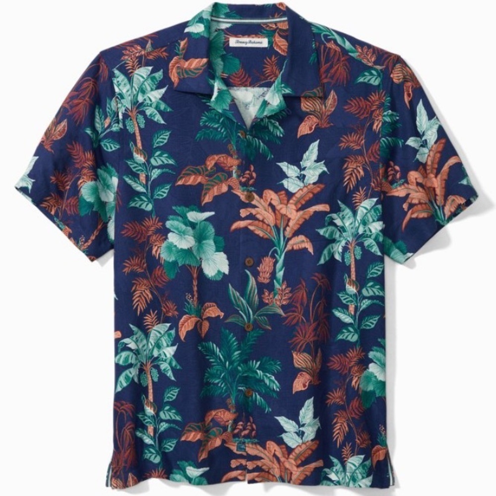 NEW Tommy Bahama Hawaiian Mens 100% SILK Shirt SMALL Blue Floral Button